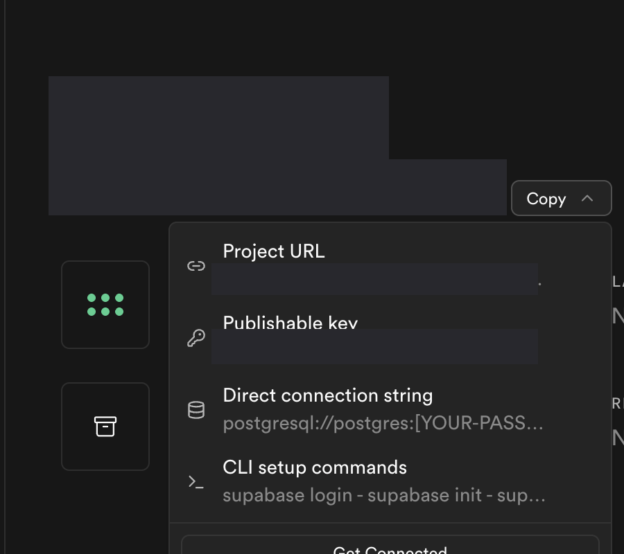 Supabase — Copy Project URL and Publishable key