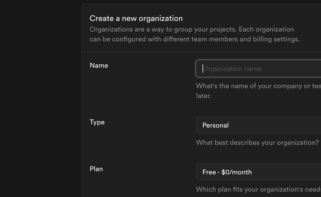 Supabase — Create a new organization
